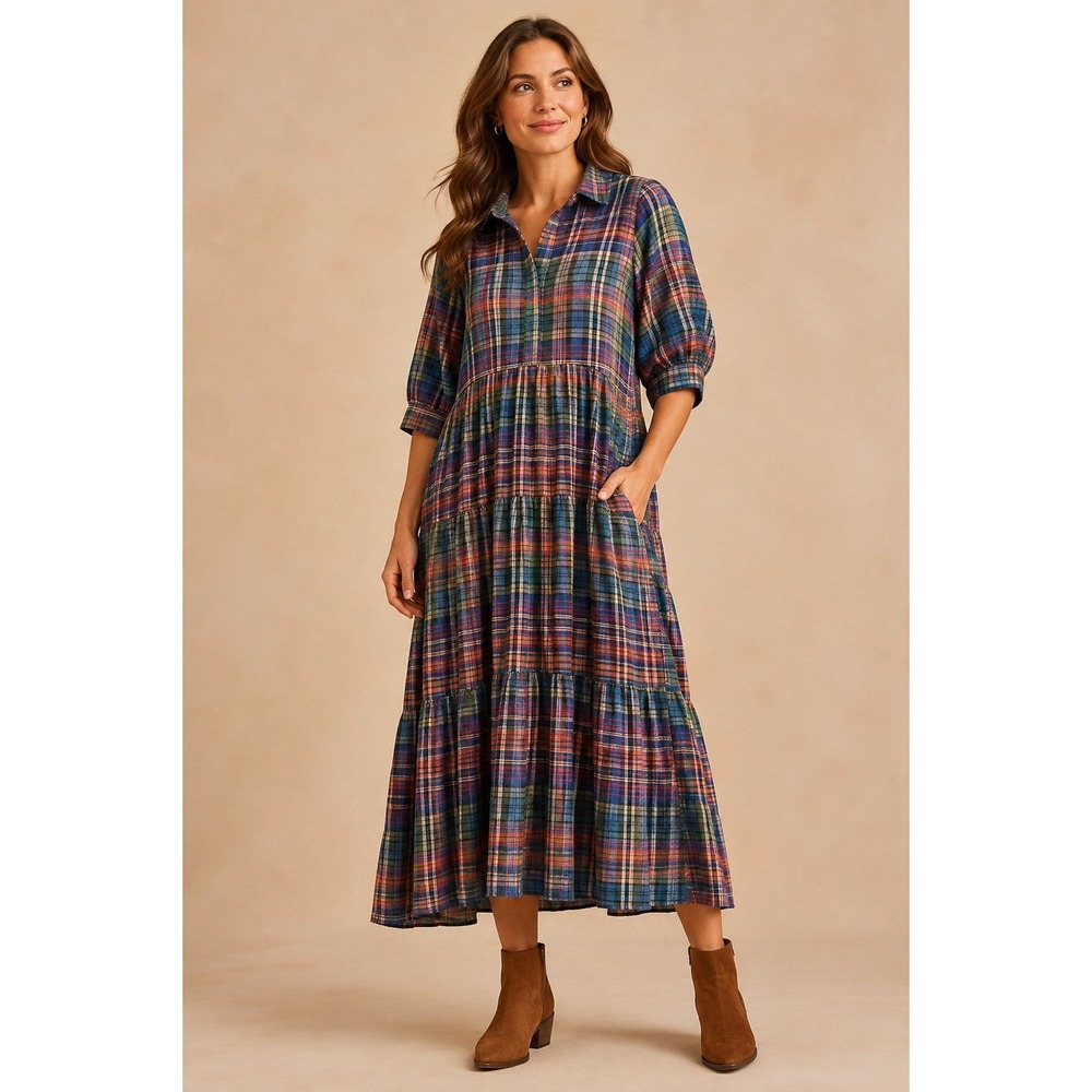 Natural Life Rebecca Plaid Flannel Tiered Midi Dress Large Pockets Boho